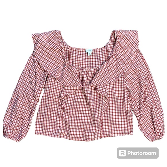 J. Crew Women's Red Plaid Ruffle Long Sleeve Blouse Top Square Neck Size L - Picture 1 of 12